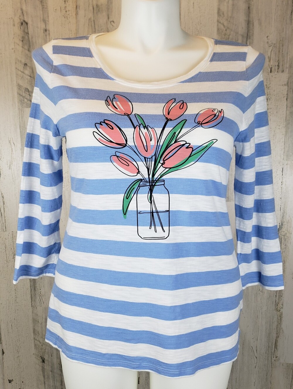 Talbots Striped Blue & White Floral Graphic Women's Top Size Large